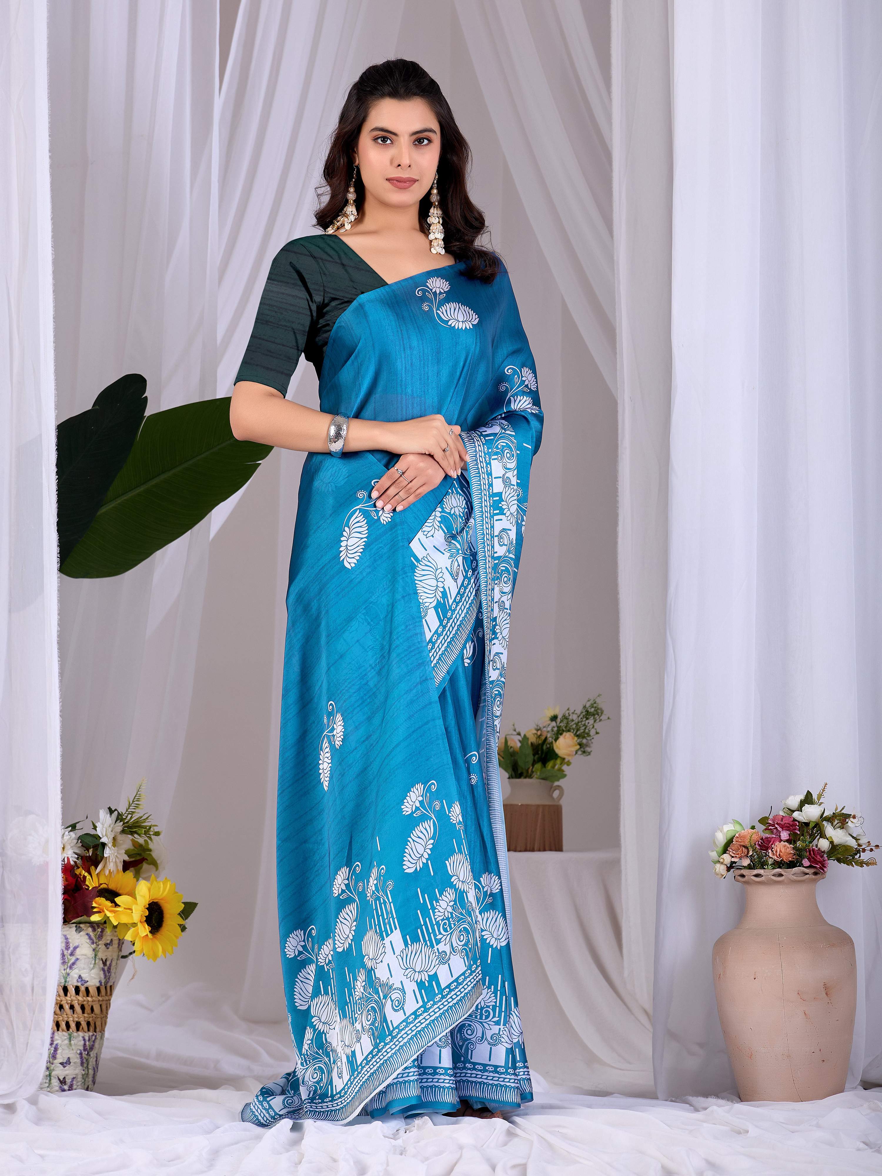 Aastha Fashion Teal Blue Soft Satin Georgette Printed Saree - Distacart