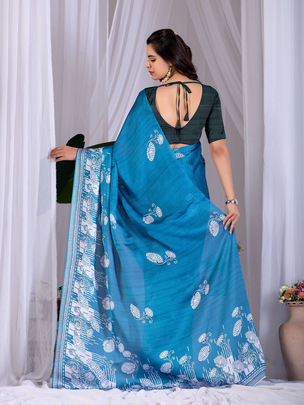 Aastha Fashion Teal Blue Soft Satin Georgette Printed Saree - Distacart