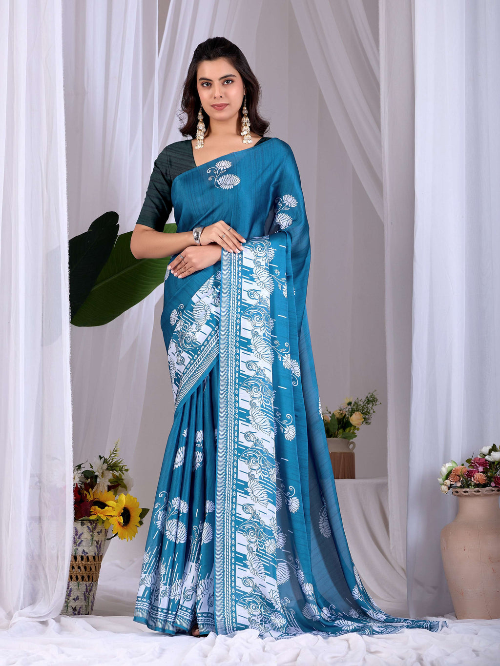 Aastha Fashion Teal Blue Soft Satin Georgette Printed Saree - Distacart