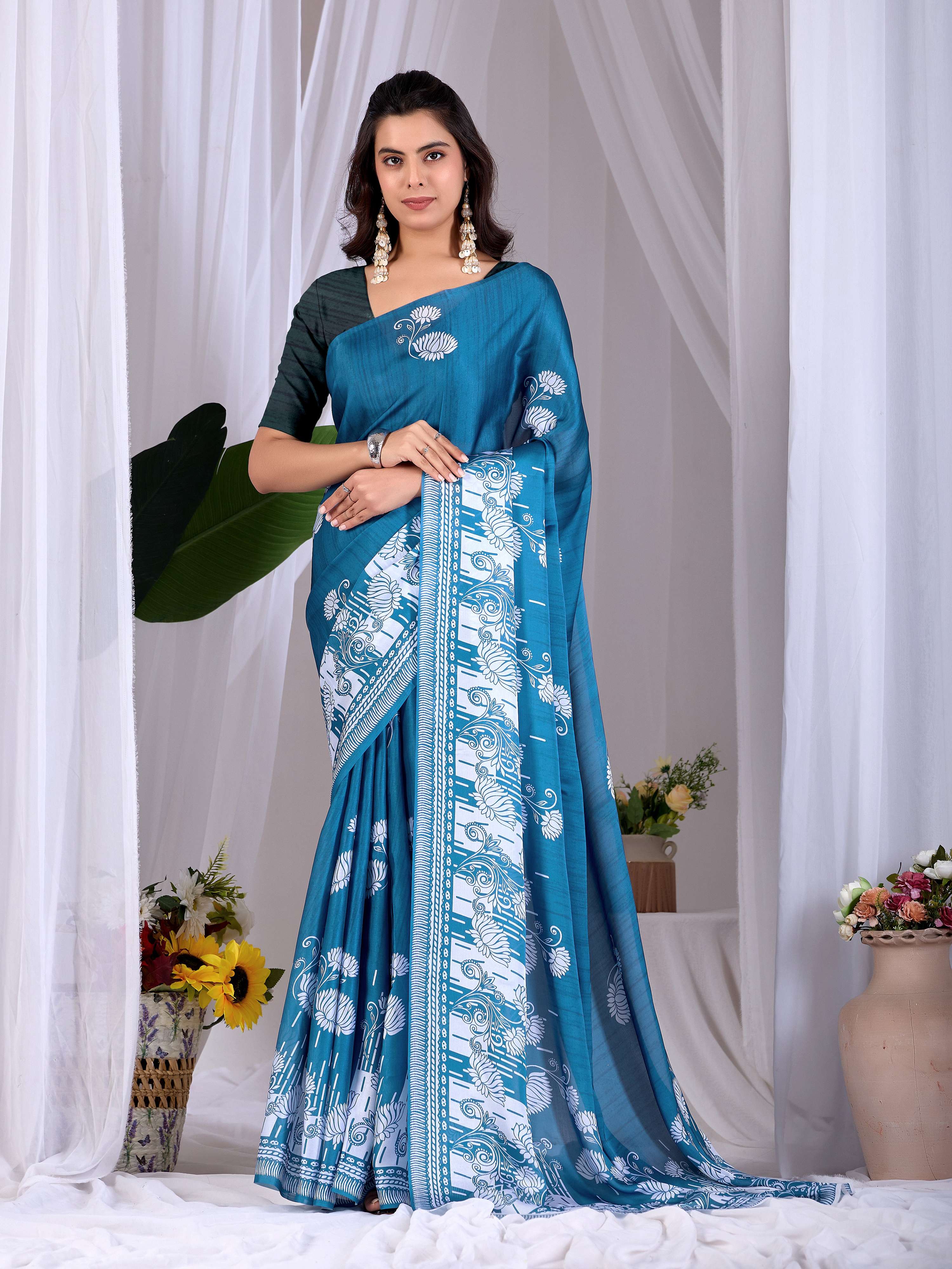 Aastha Fashion Teal Blue Soft Satin Georgette Printed Saree - Distacart