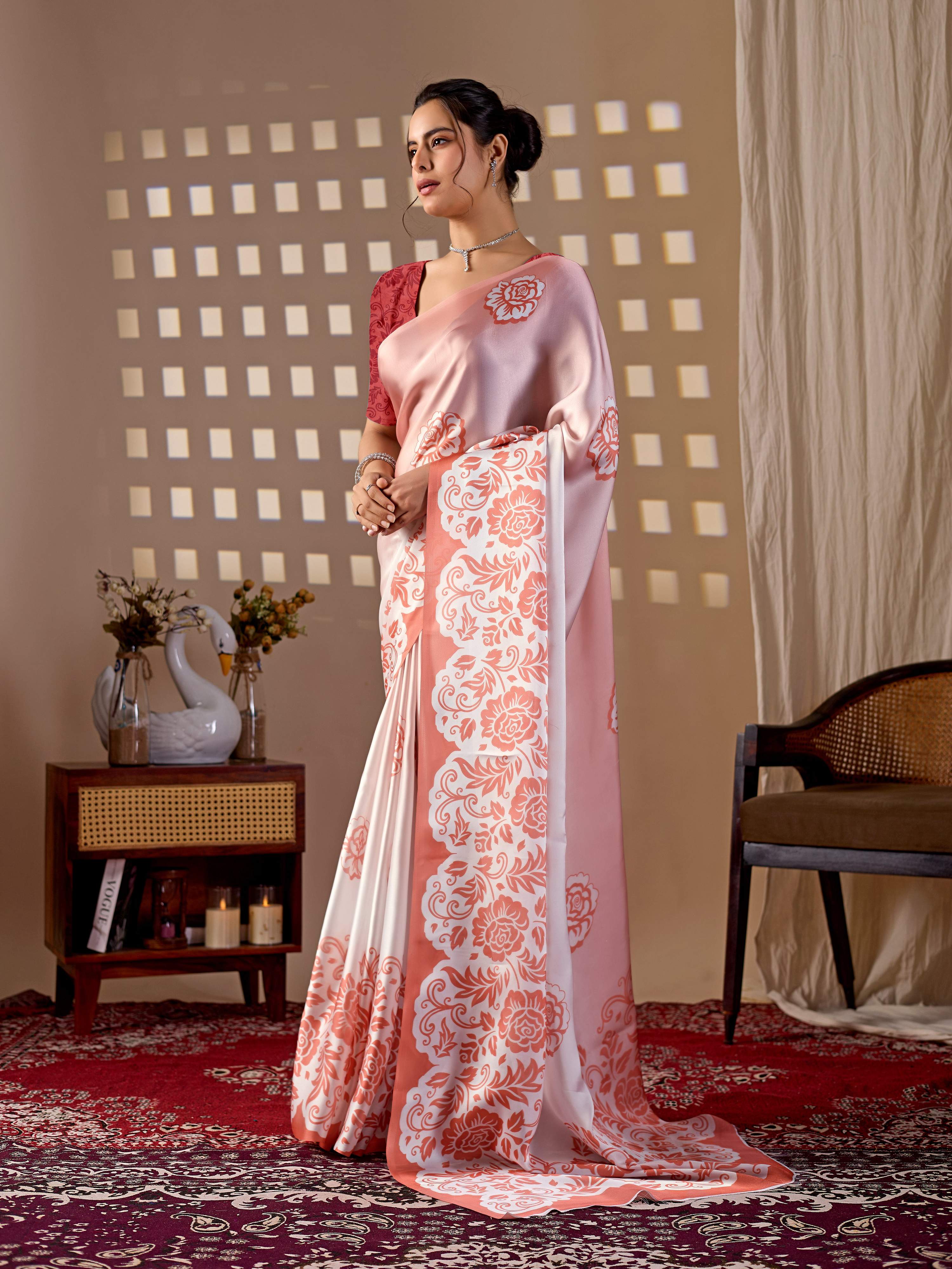 Aastha Fashion Peach Soft Satin Georgette Printed Saree - Distacart