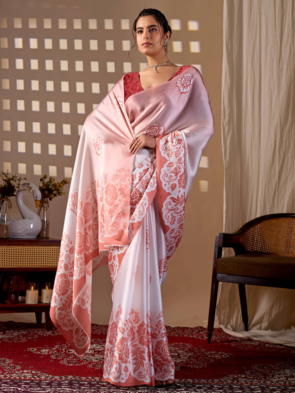 Aastha Fashion Peach Soft Satin Georgette Printed Saree - Distacart
