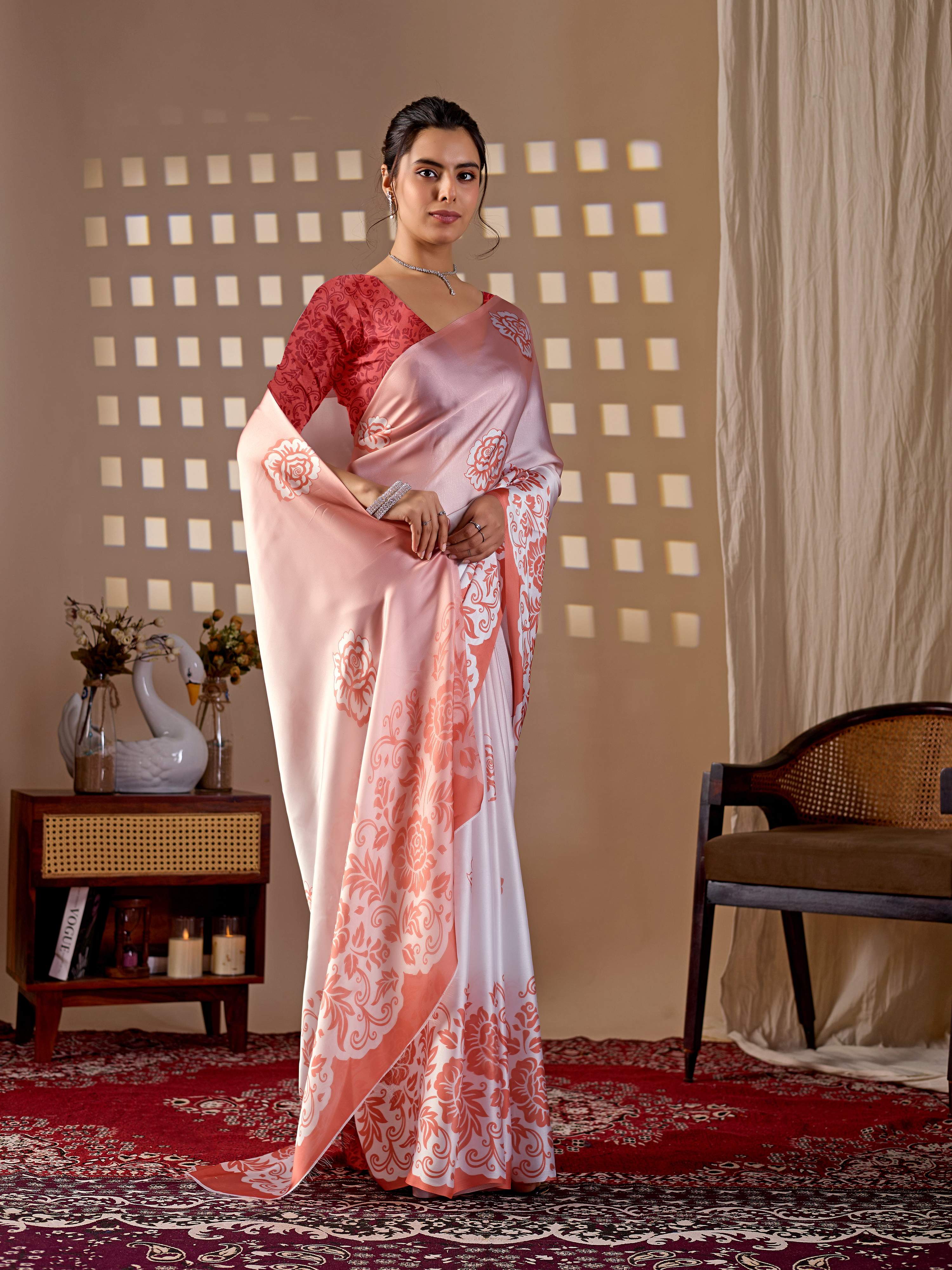 Aastha Fashion Peach Soft Satin Georgette Printed Saree - Distacart