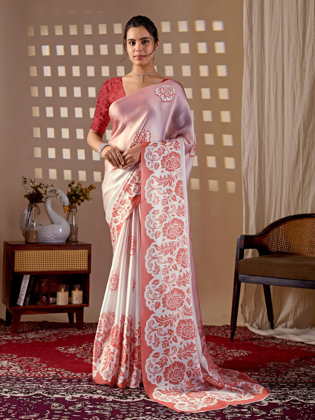 Aastha Fashion Peach Soft Satin Georgette Printed Saree - Distacart