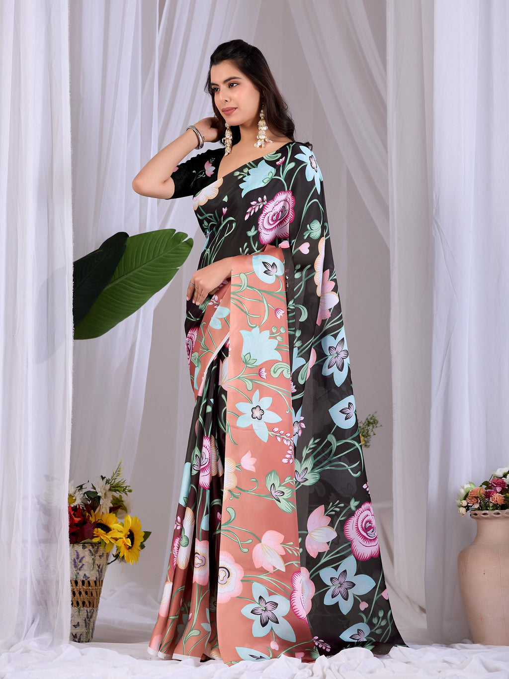 Aastha Fashion Black Soft Satin Georgette Printed Saree - Distacart