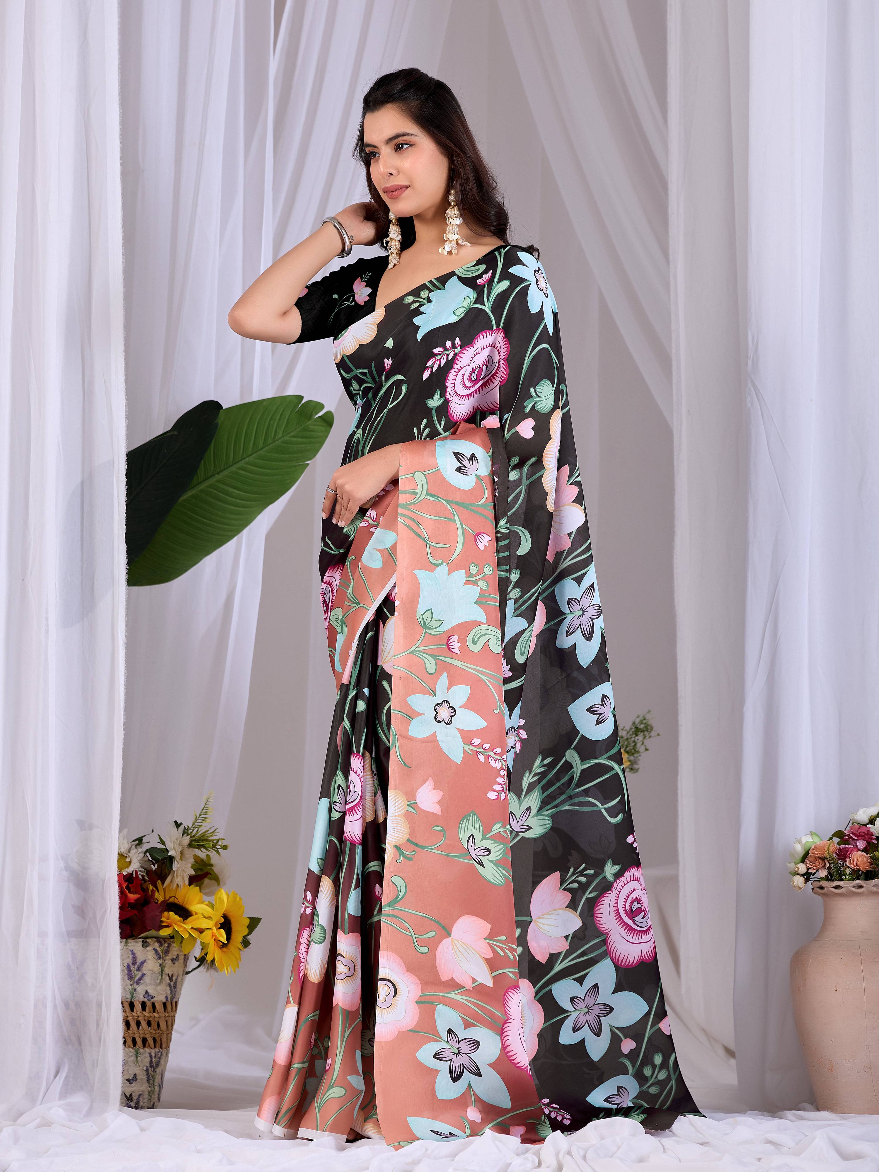 Aastha Fashion Black Soft Satin Georgette Printed Saree - Distacart