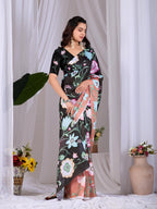 Aastha Fashion Black Soft Satin Georgette Printed Saree - Distacart