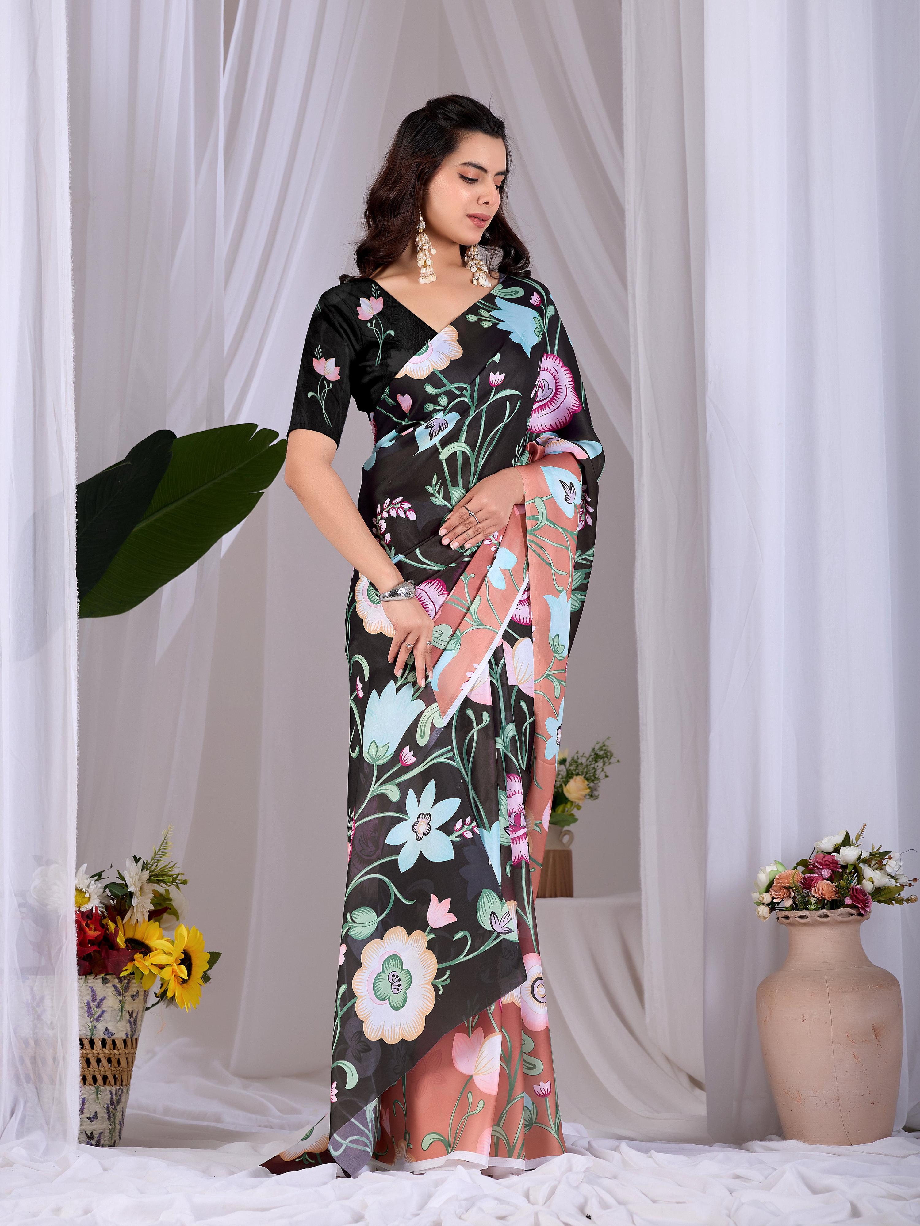 Aastha Fashion Black Soft Satin Georgette Printed Saree - Distacart