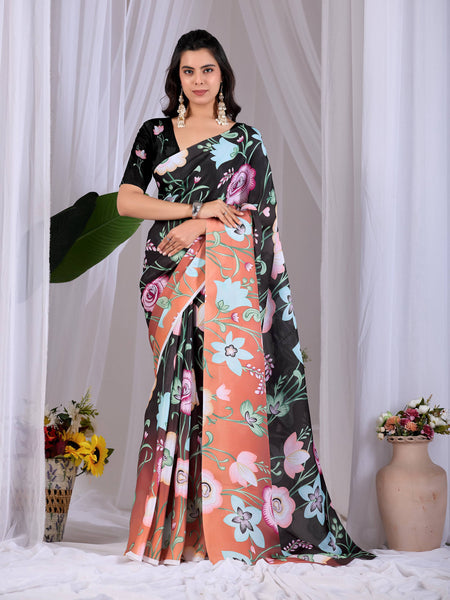 Aastha Fashion Black Soft Satin Georgette Printed Saree