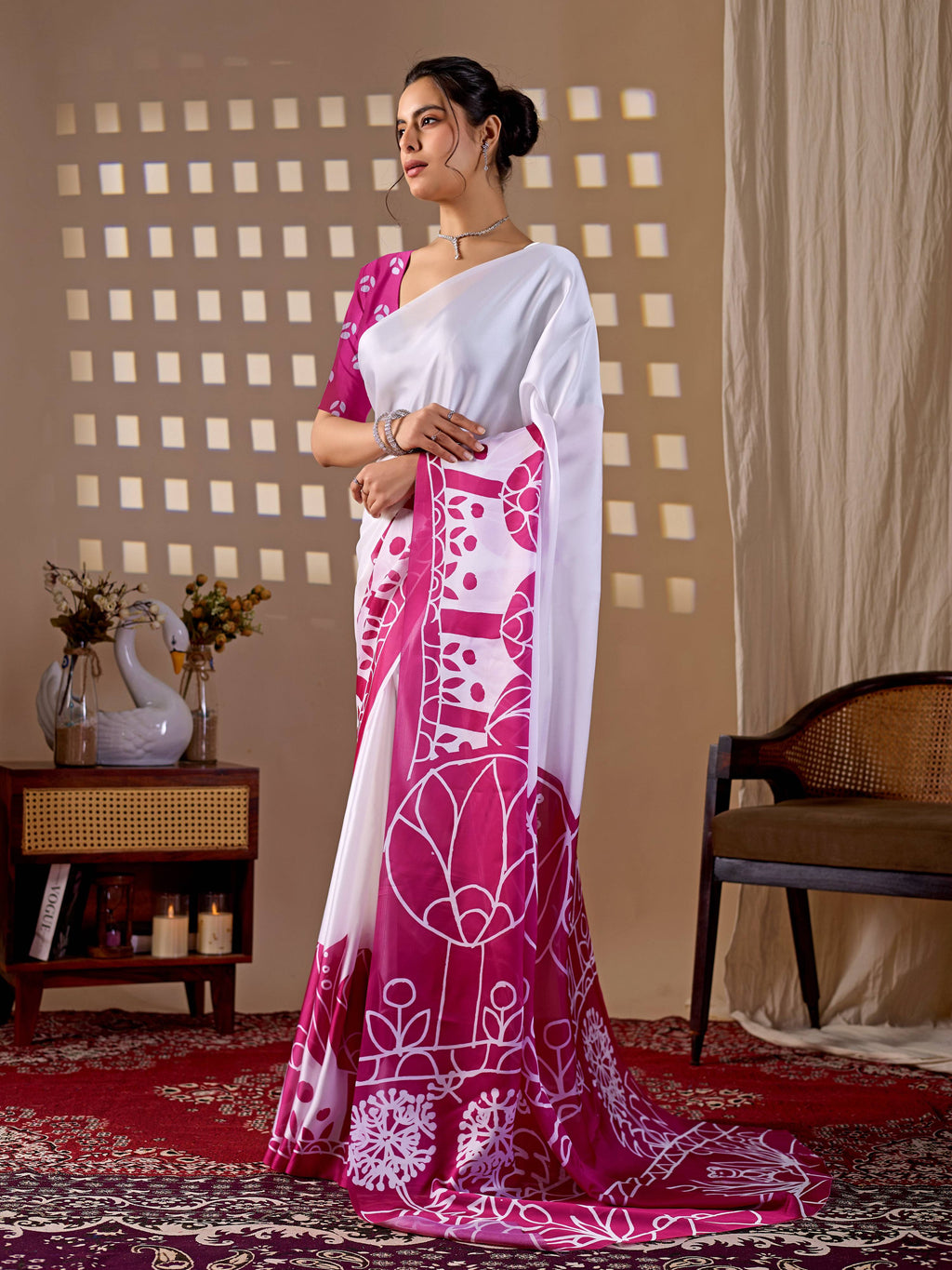 Aastha Fashion White Soft Satin Georgette Printed Saree - Distacart
