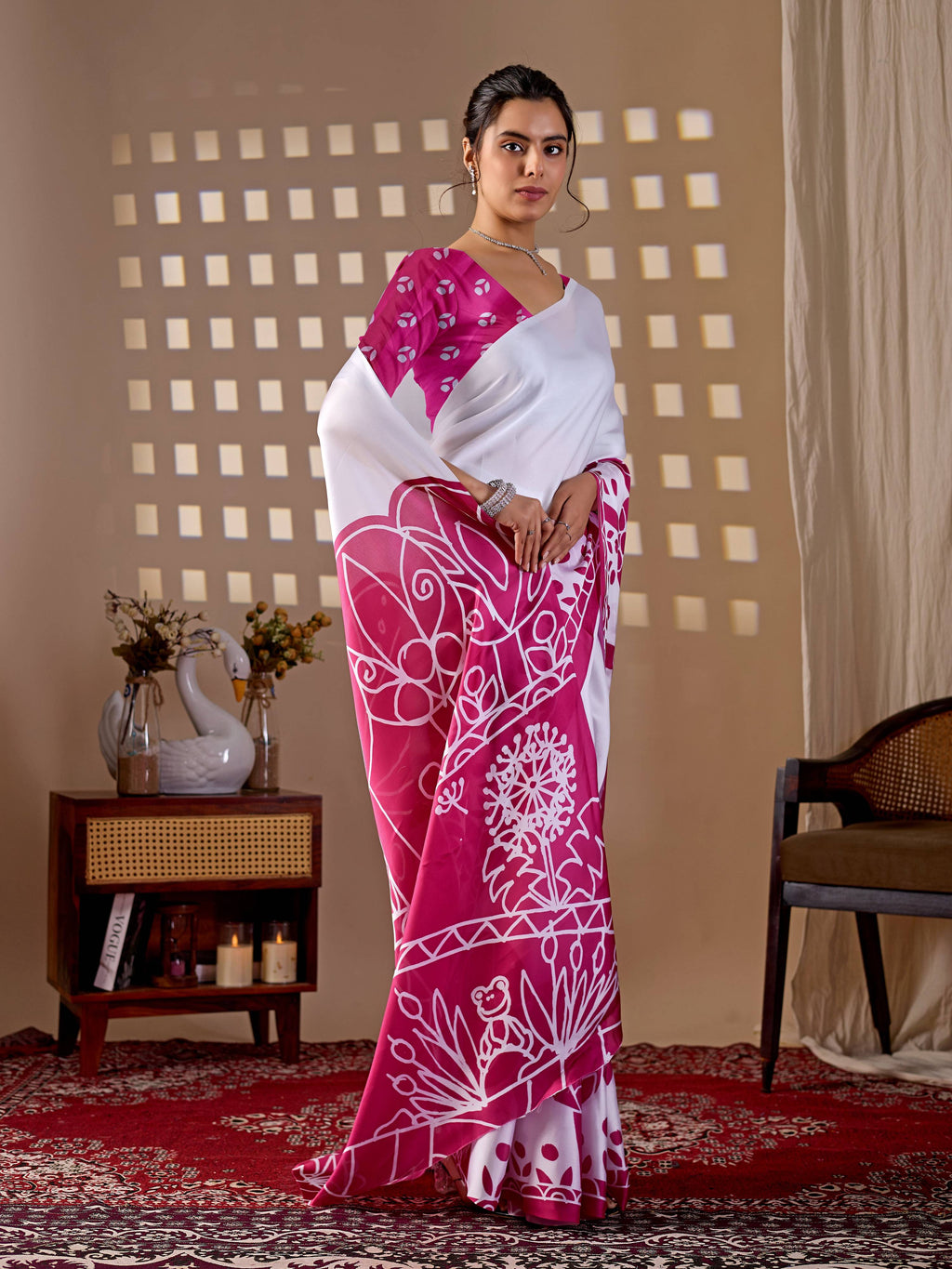 Aastha Fashion White Soft Satin Georgette Printed Saree - Distacart