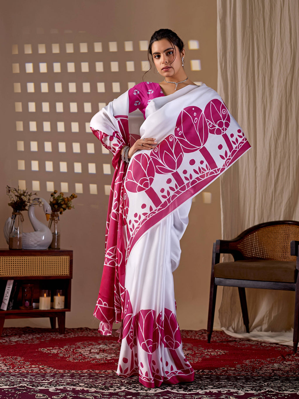 Aastha Fashion White Soft Satin Georgette Printed Saree - Distacart