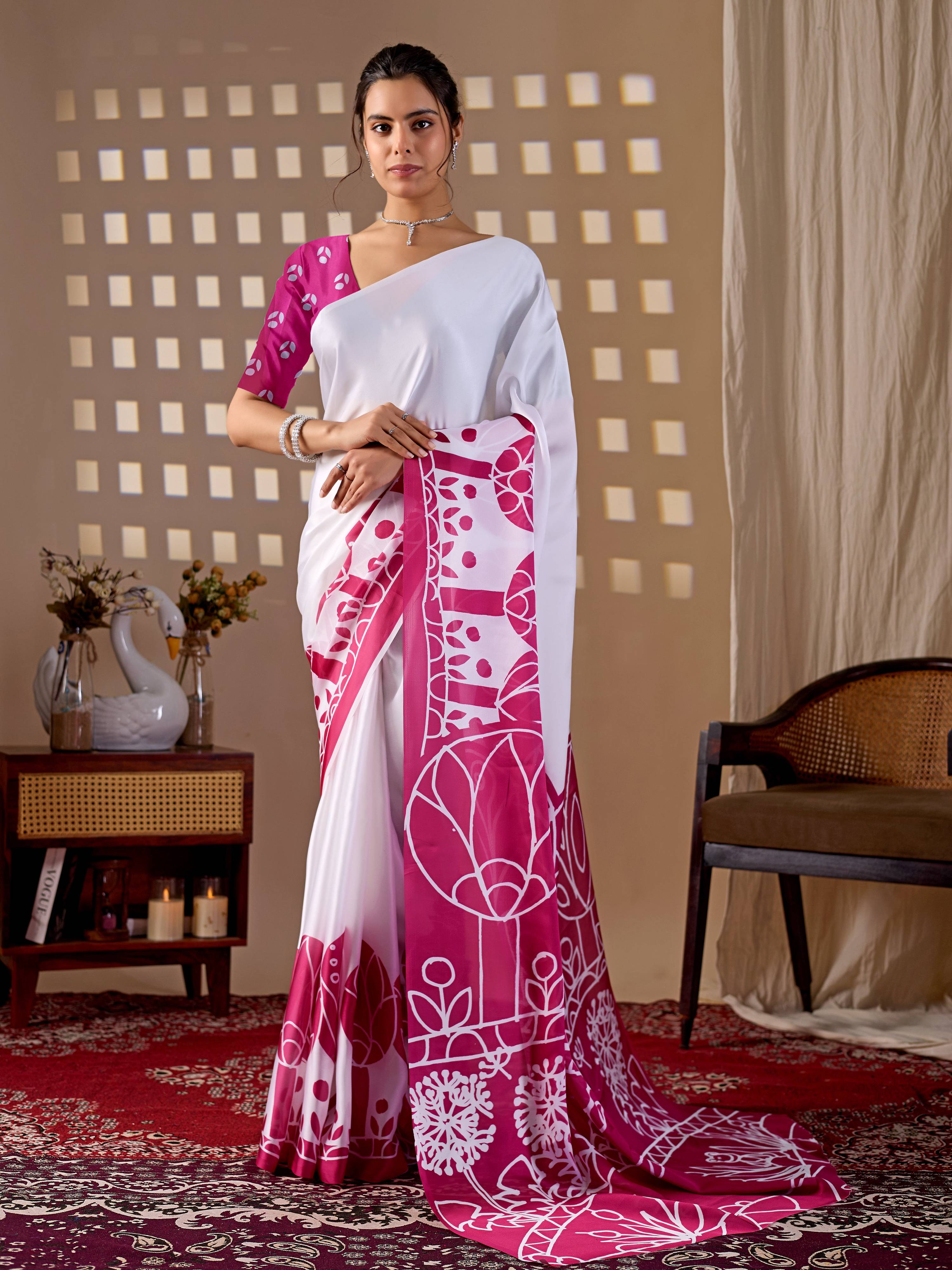 Aastha Fashion White Soft Satin Georgette Printed Saree - Distacart