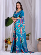 Aastha Fashion Teal Soft Satin Georgette Printed Saree - Distacart