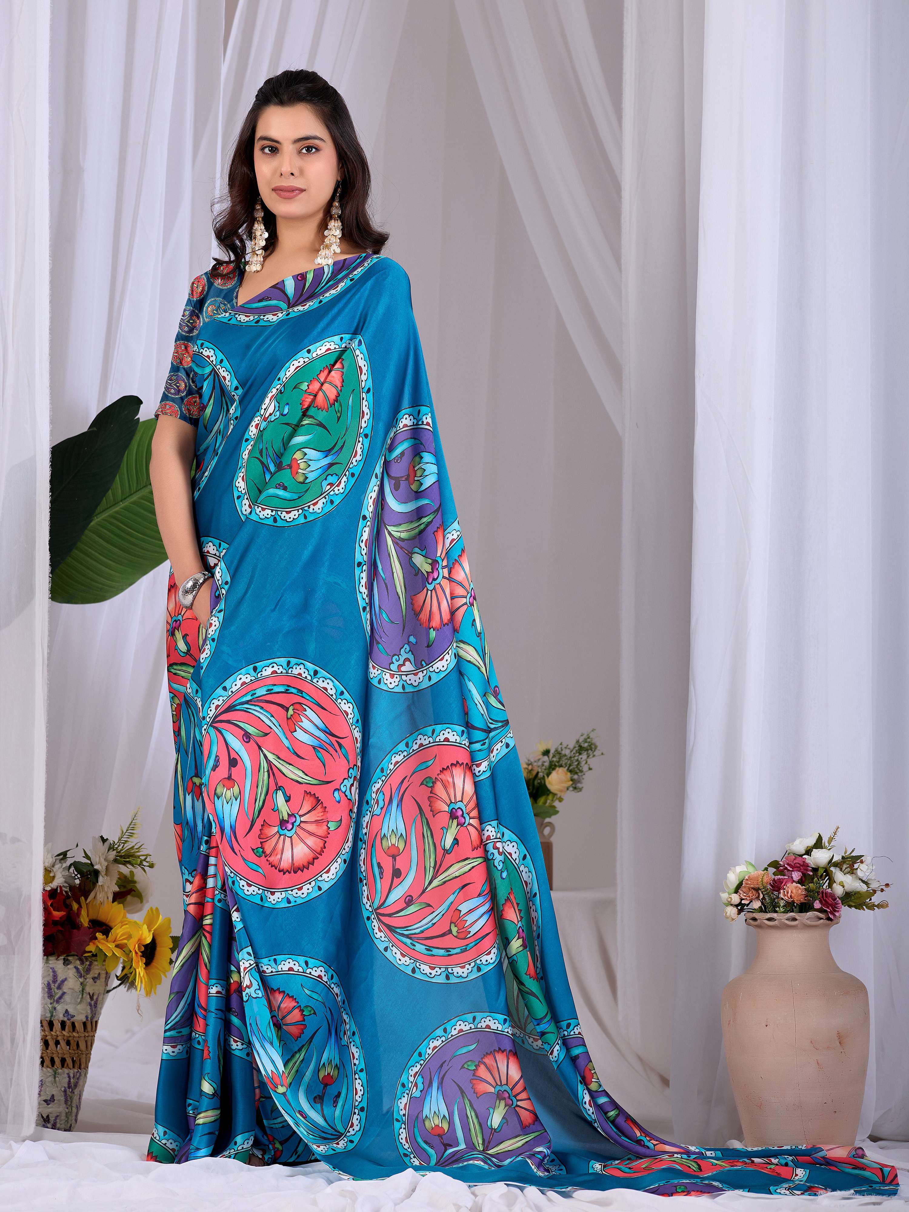 Aastha Fashion Teal Soft Satin Georgette Printed Saree - Distacart