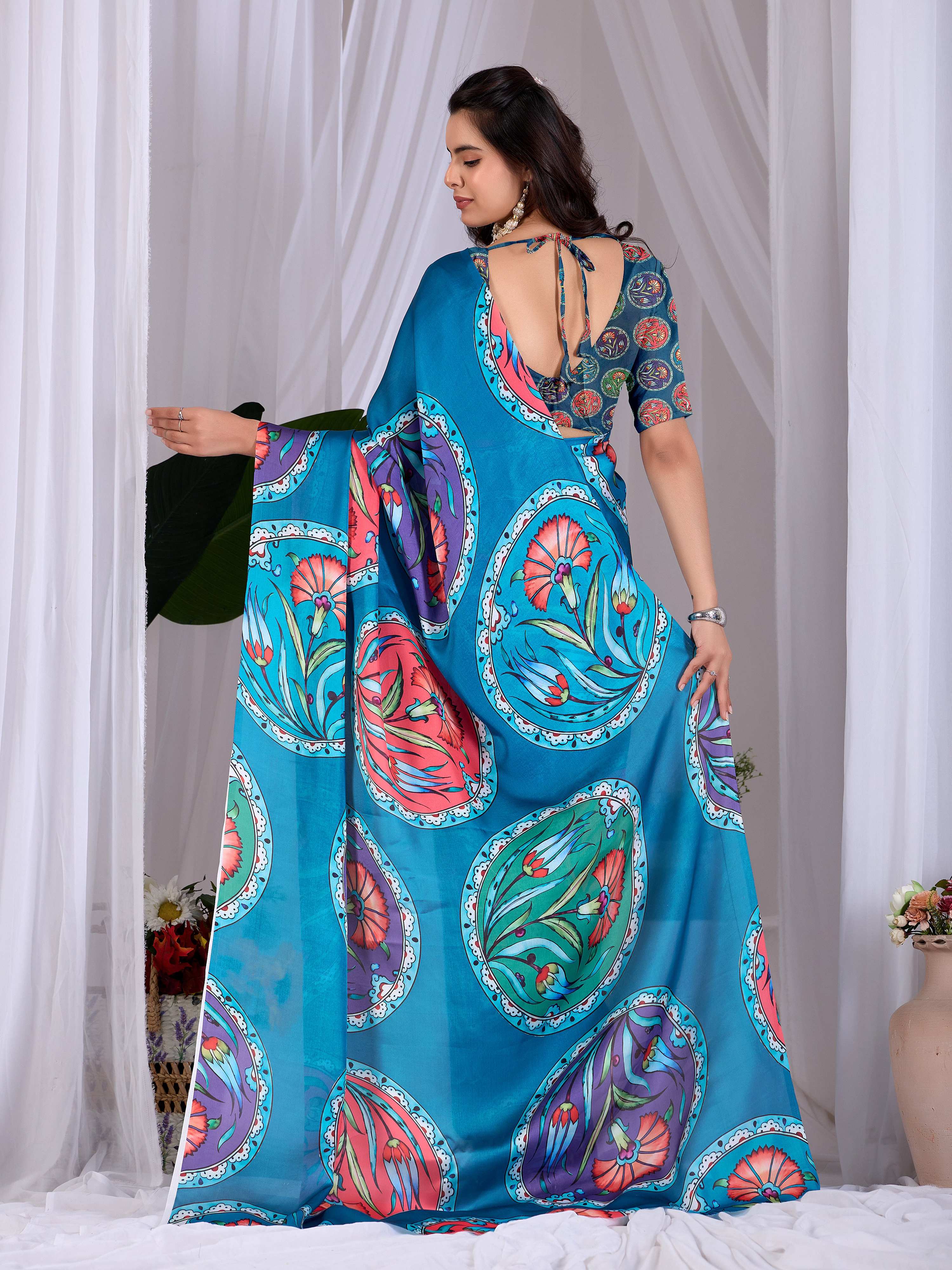 Aastha Fashion Teal Soft Satin Georgette Printed Saree - Distacart