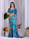 Aastha Fashion Teal Soft Satin Georgette Printed Saree - Distacart
