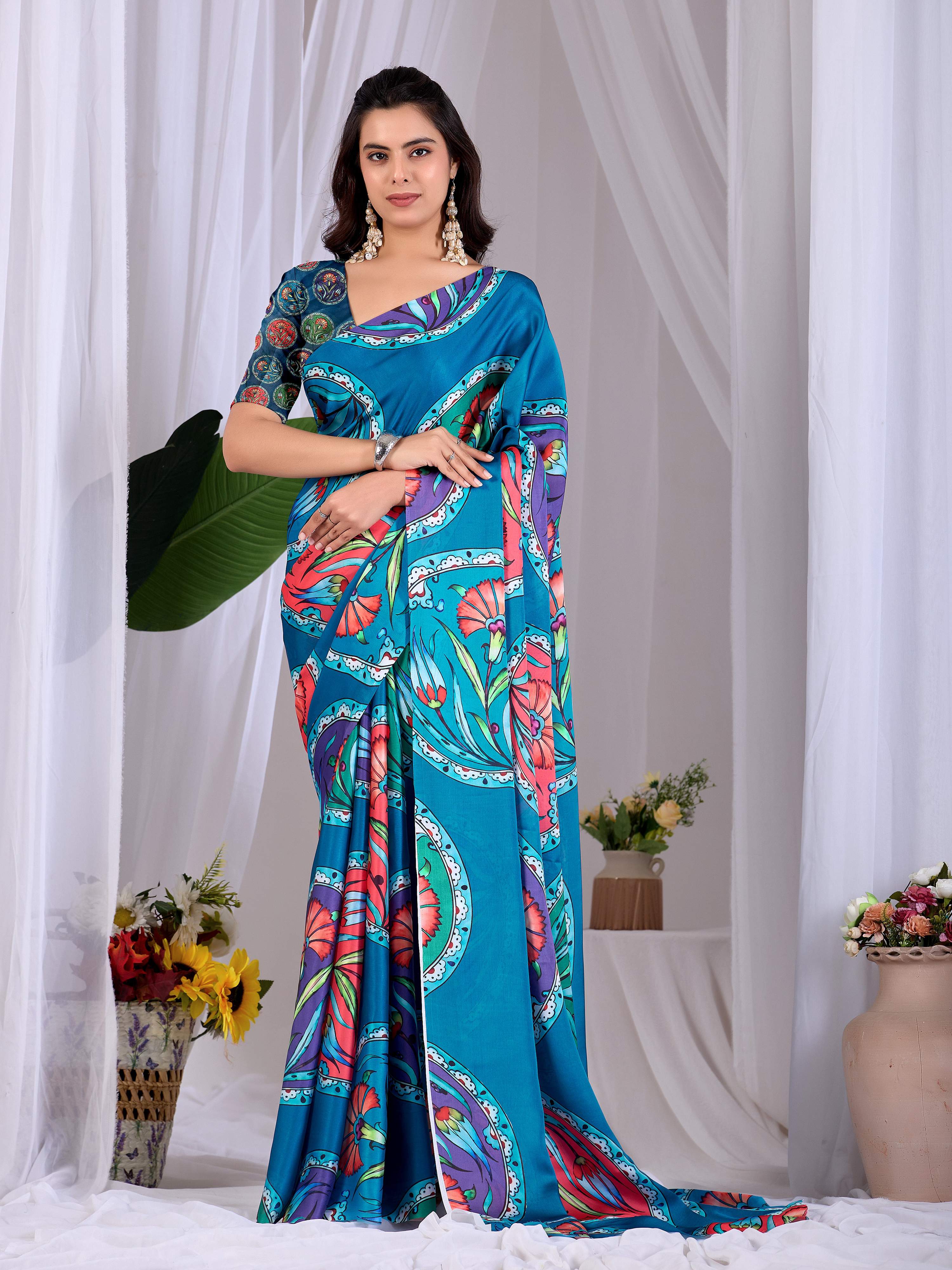 Aastha Fashion Teal Soft Satin Georgette Printed Saree - Distacart