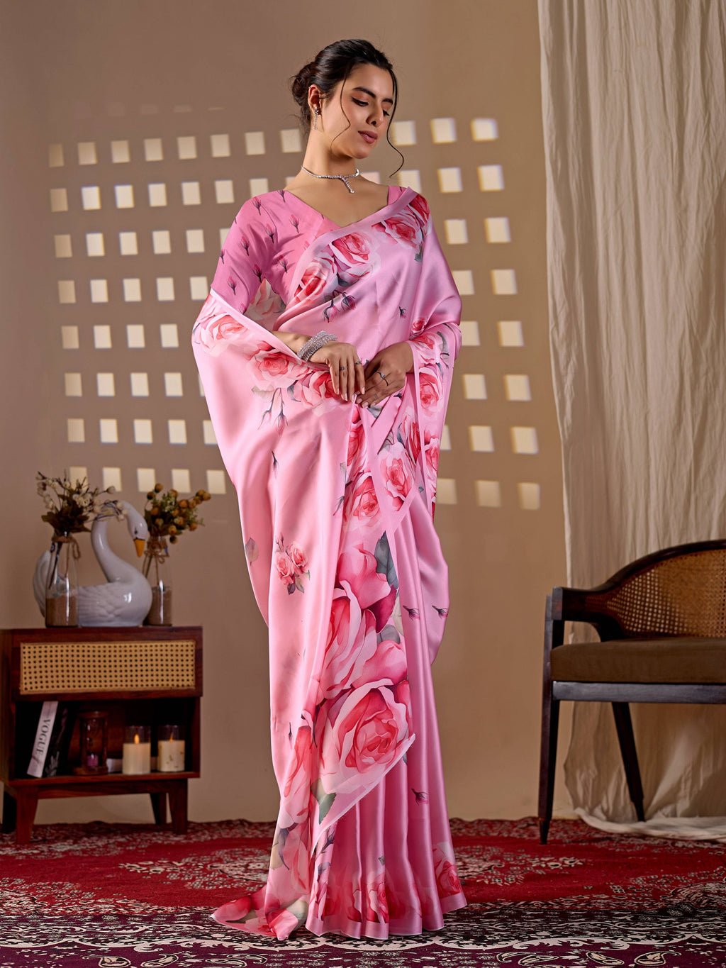 Aastha Fashion Pink Soft Satin Georgette Printed Saree - Distacart