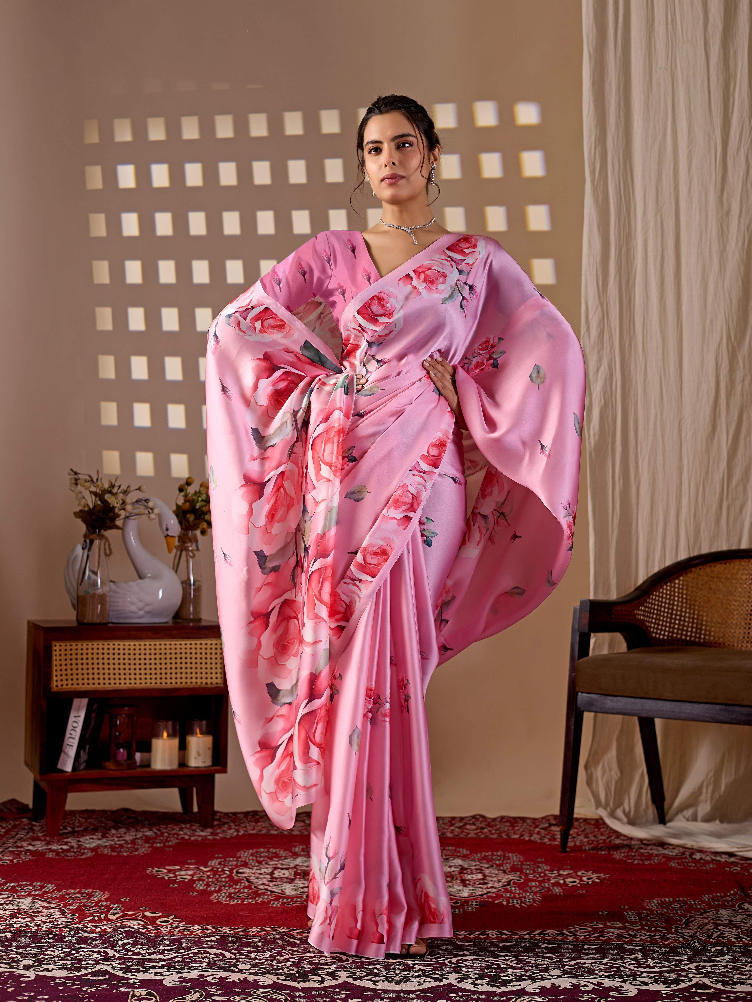 Aastha Fashion Pink Soft Satin Georgette Printed Saree - Distacart