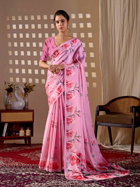 Aastha Fashion Pink Soft Satin Georgette Printed Saree