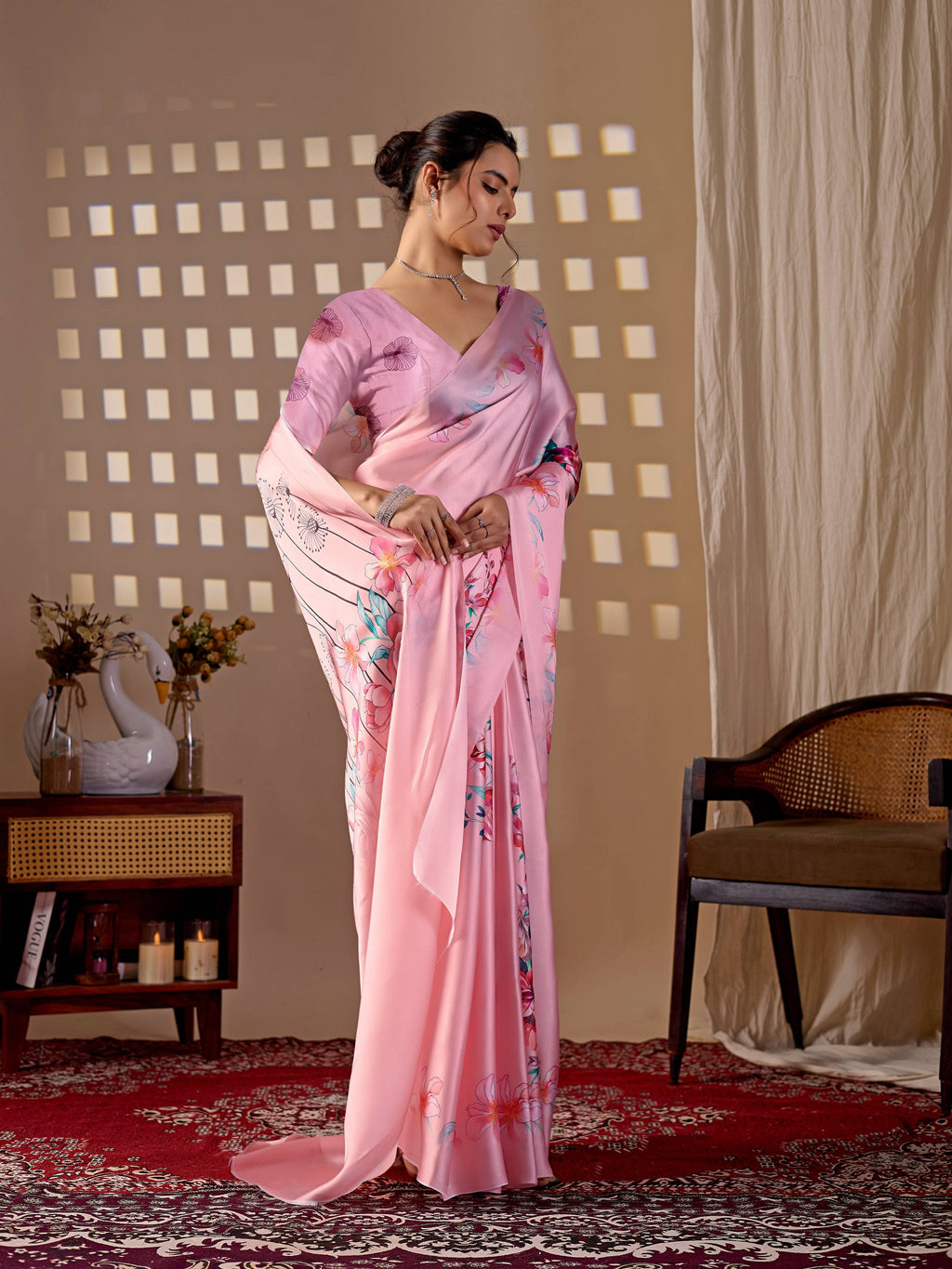 Aastha Fashion Pink Soft Satin Georgette Printed Saree - Distacart