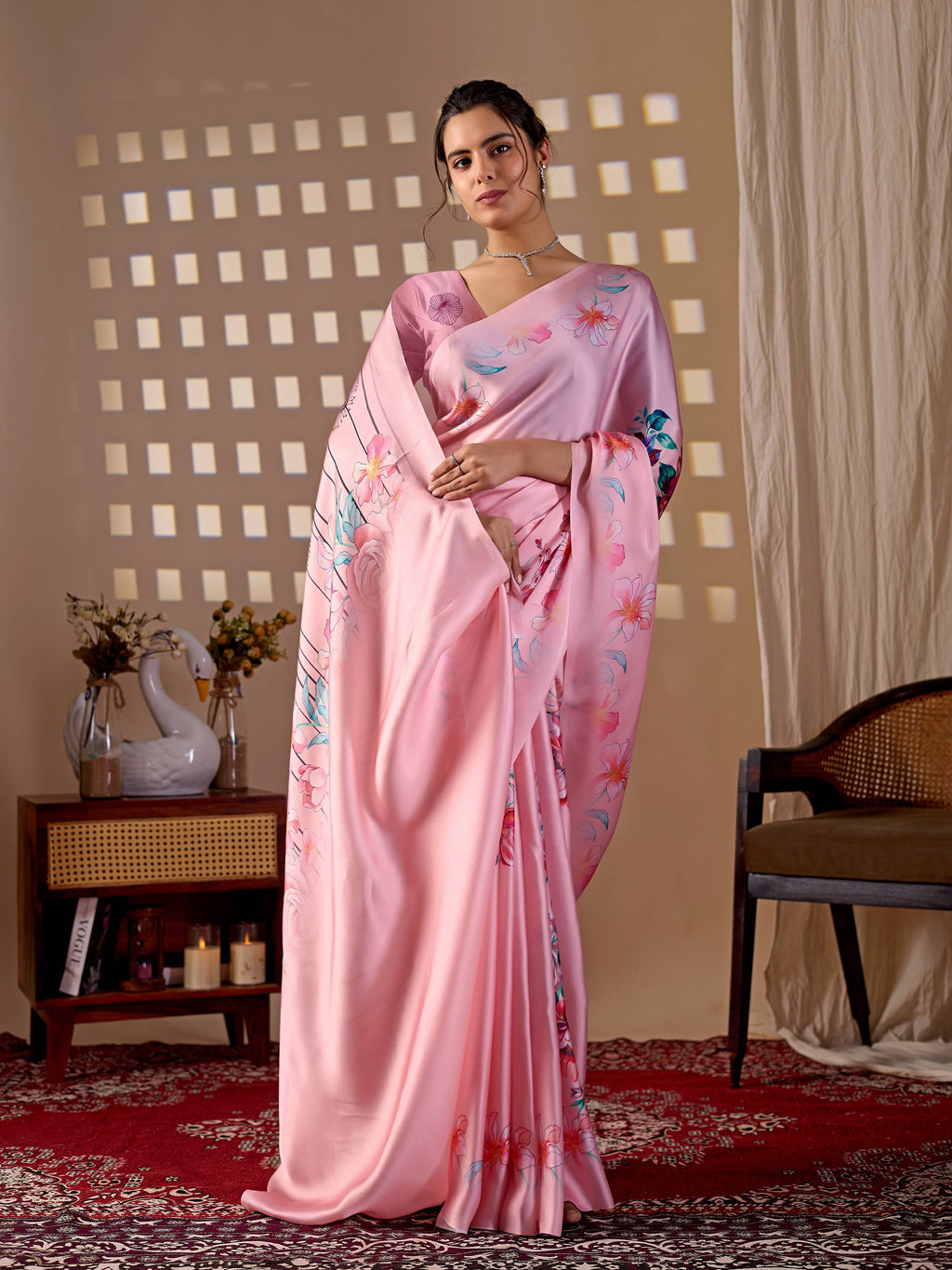 Aastha Fashion Pink Soft Satin Georgette Printed Saree - Distacart