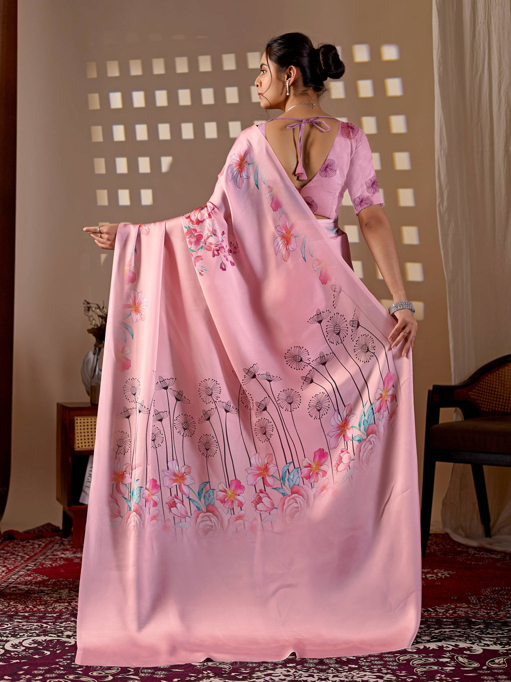 Aastha Fashion Pink Soft Satin Georgette Printed Saree - Distacart