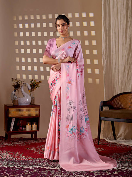 Aastha Fashion Pink Soft Satin Georgette Printed Saree