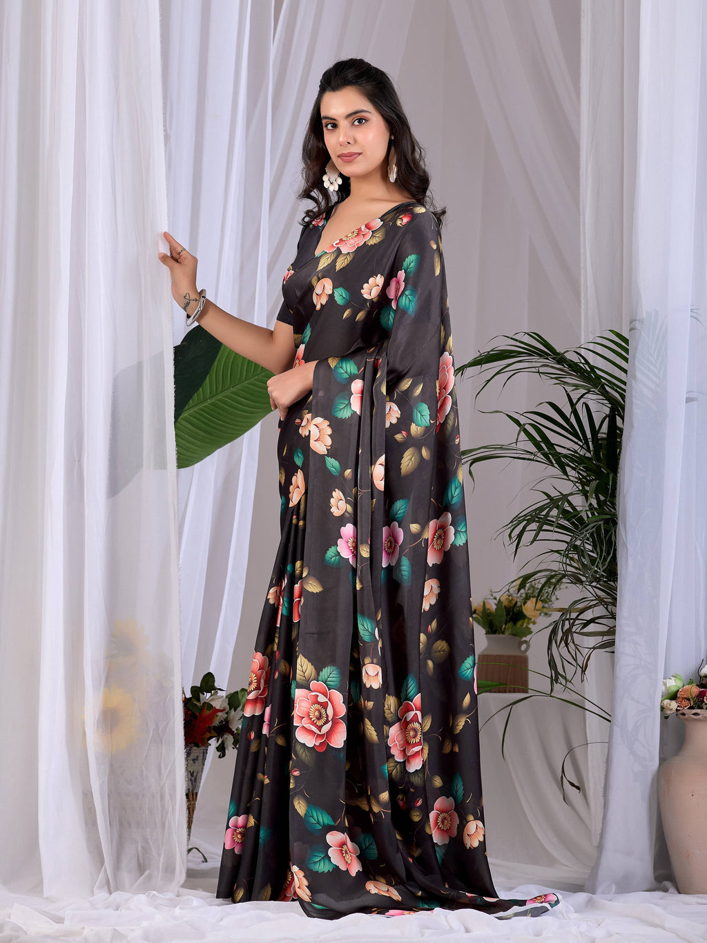 Aastha Fashion Black Soft Satin Georgette Printed Saree - Distacart