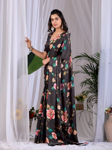 Aastha Fashion Black Soft Satin Georgette Printed Saree