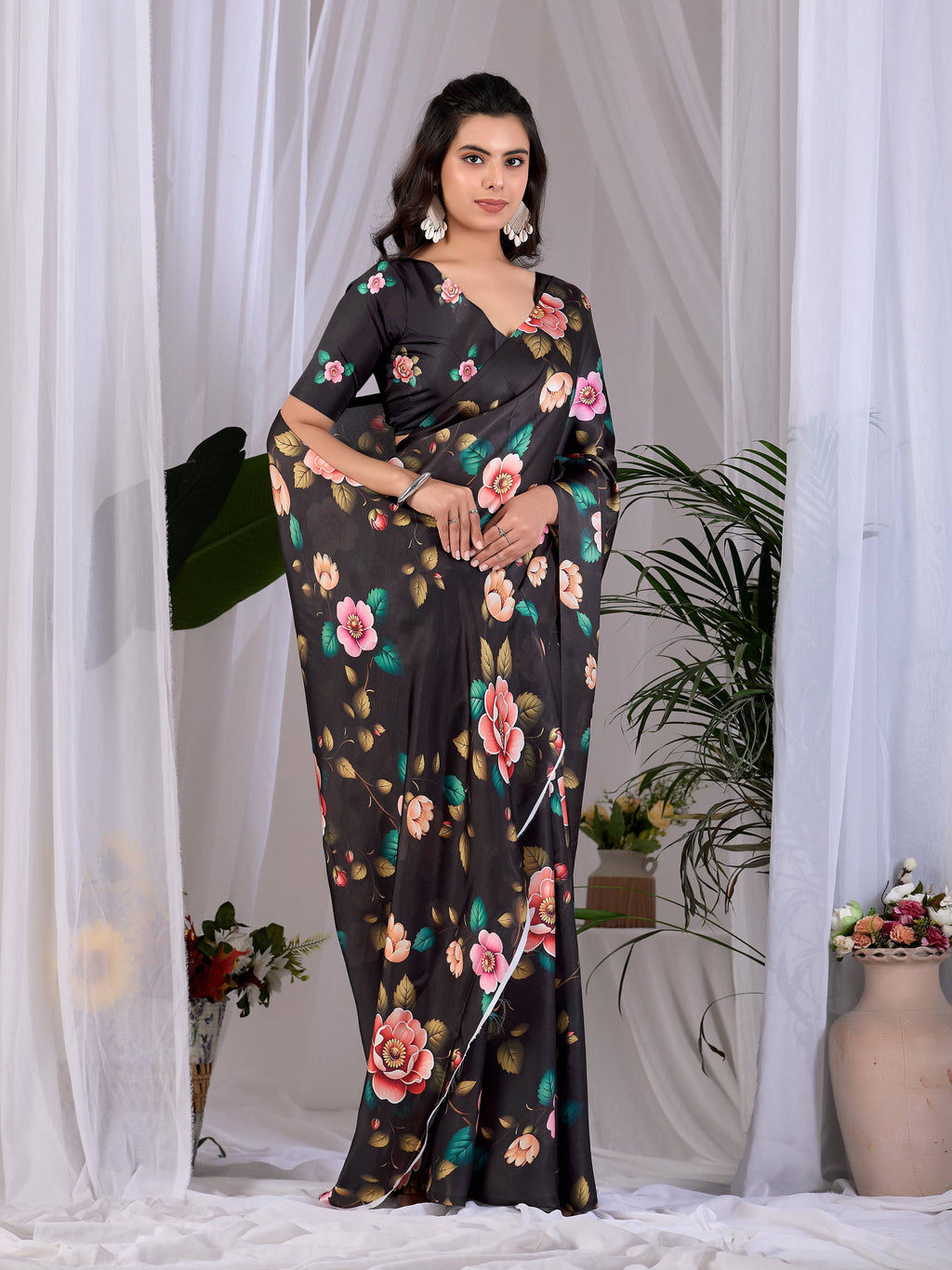 Aastha Fashion Black Soft Satin Georgette Printed Saree - Distacart