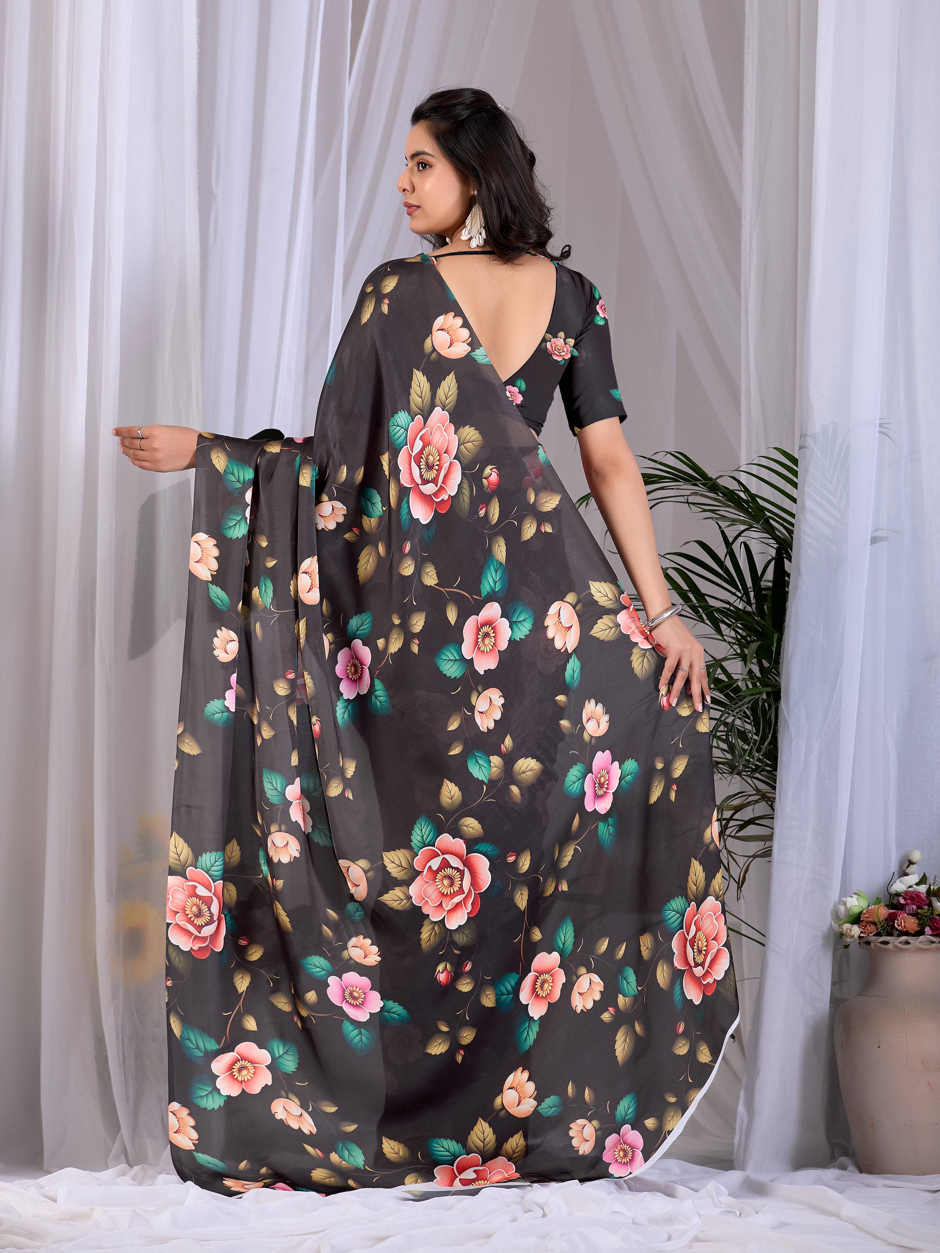 Aastha Fashion Black Soft Satin Georgette Printed Saree - Distacart