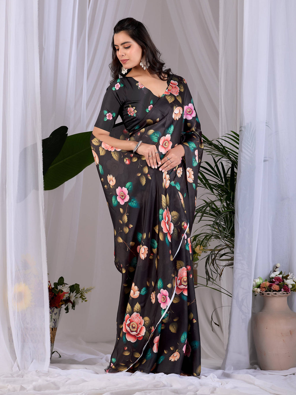 Aastha Fashion Black Soft Satin Georgette Printed Saree - Distacart