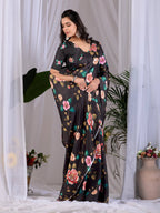 Aastha Fashion Black Soft Satin Georgette Printed Saree - Distacart