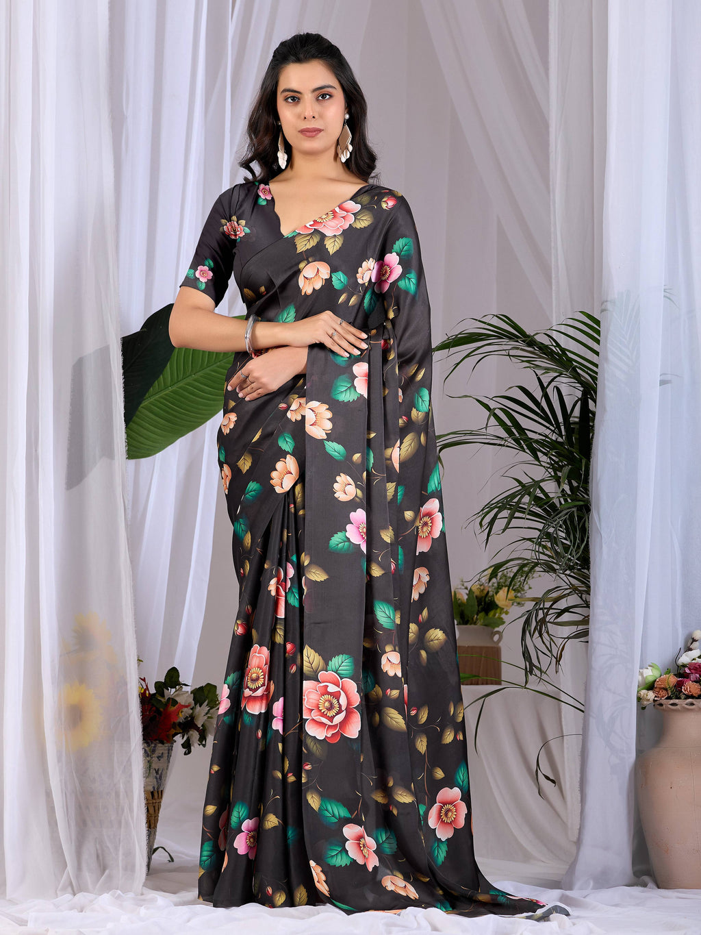 Aastha Fashion Black Soft Satin Georgette Printed Saree - Distacart