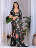 Aastha Fashion Black Soft Satin Georgette Printed Saree - Distacart