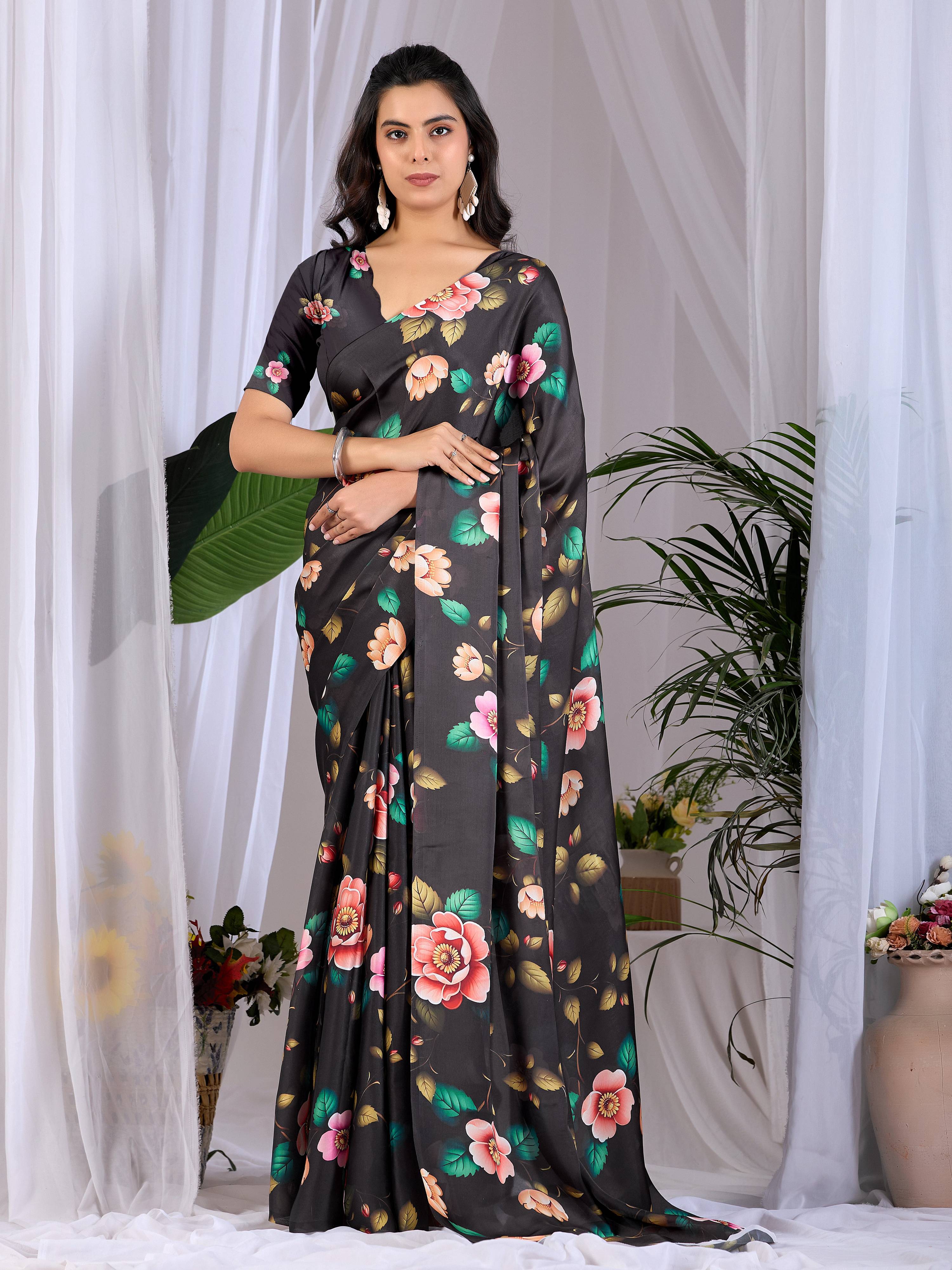 Aastha Fashion Black Soft Satin Georgette Printed Saree - Distacart