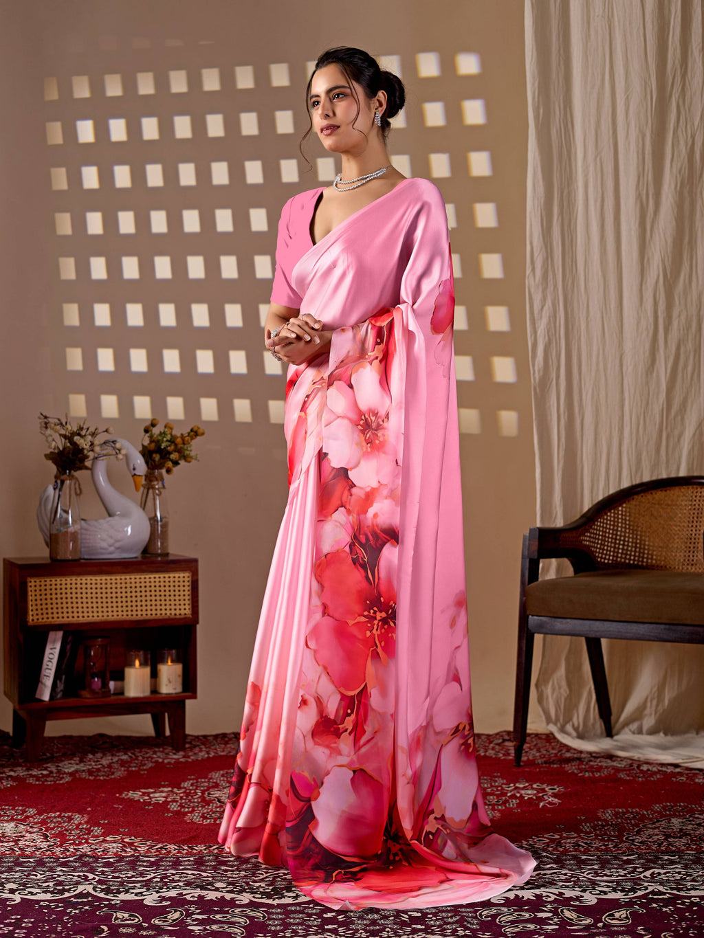 Aastha Fashion Pink Soft Satin Georgette Printed Saree - Distacart