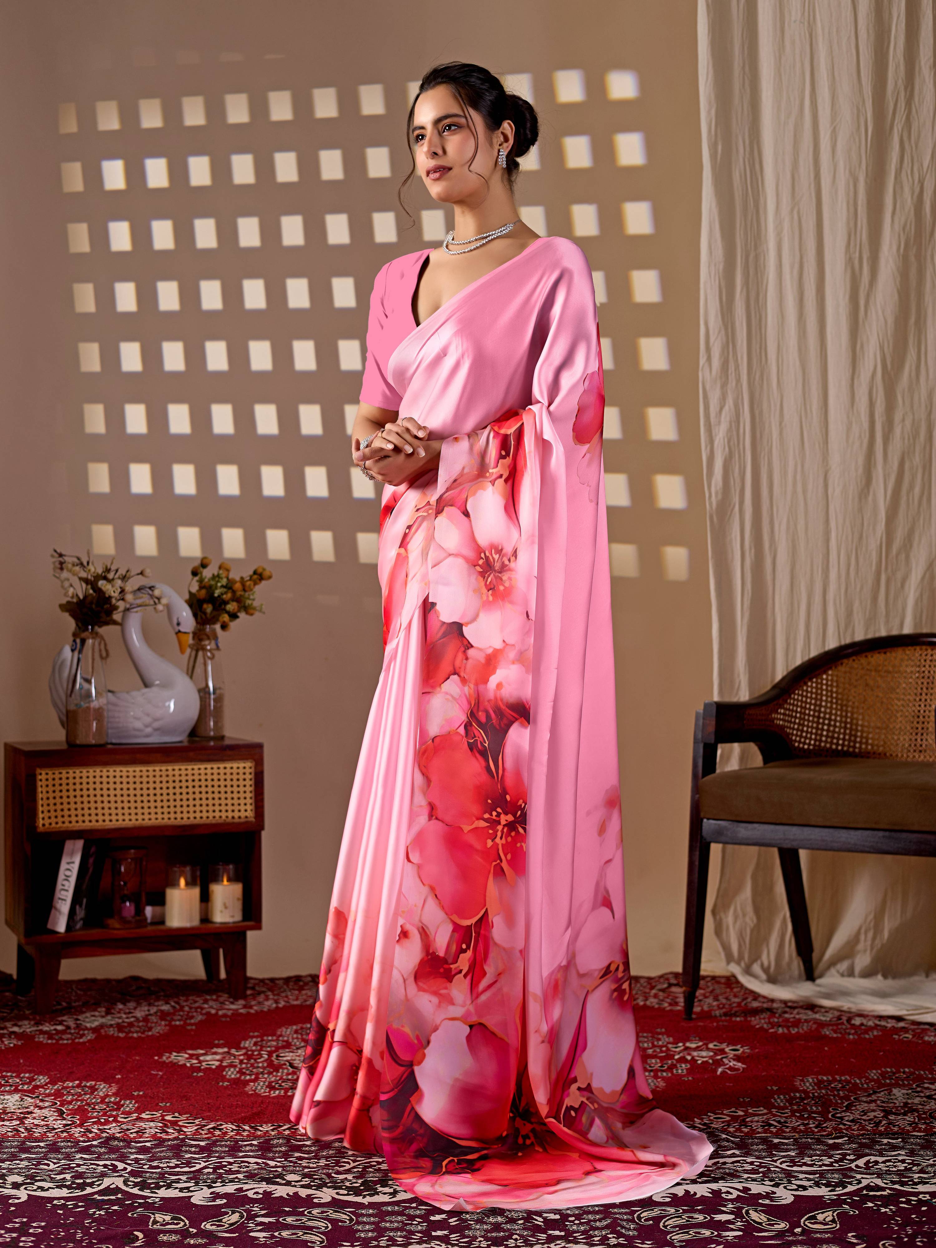 Aastha Fashion Pink Soft Satin Georgette Printed Saree - Distacart
