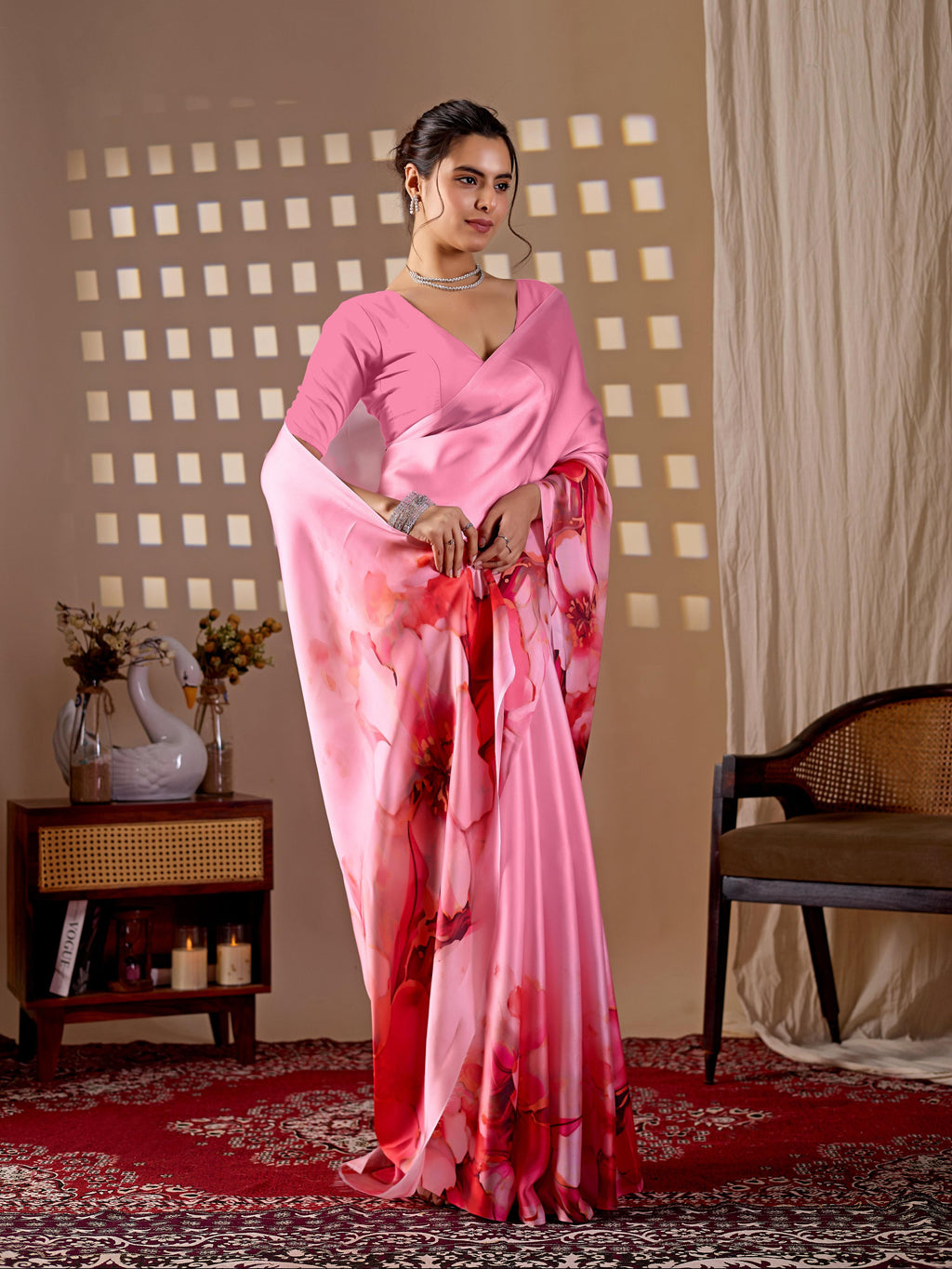 Aastha Fashion Pink Soft Satin Georgette Printed Saree - Distacart