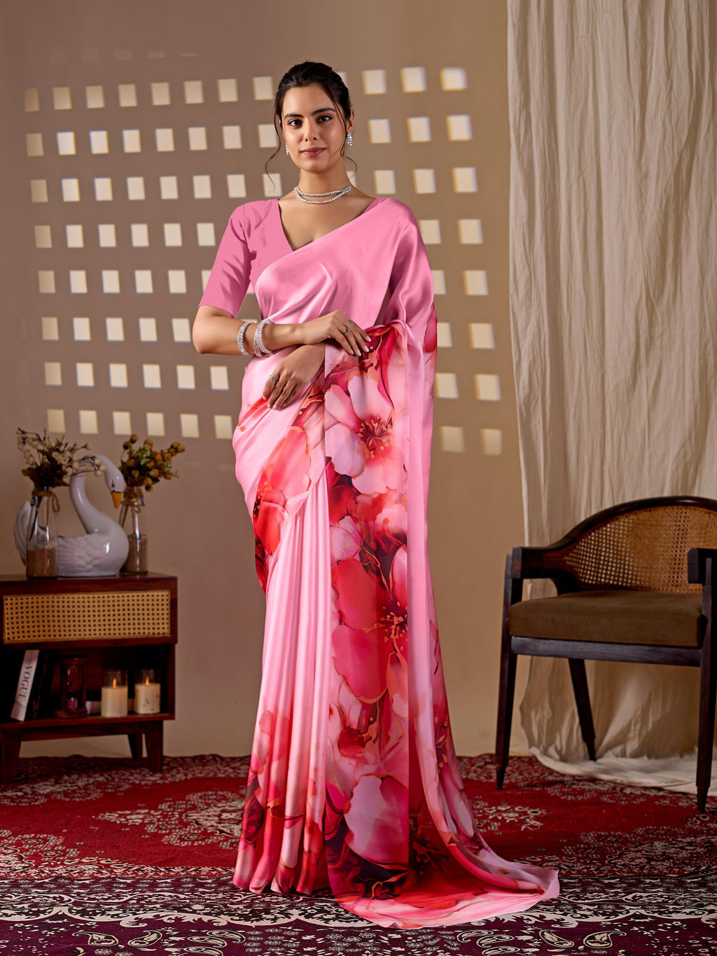Aastha Fashion Pink Soft Satin Georgette Printed Saree - Distacart