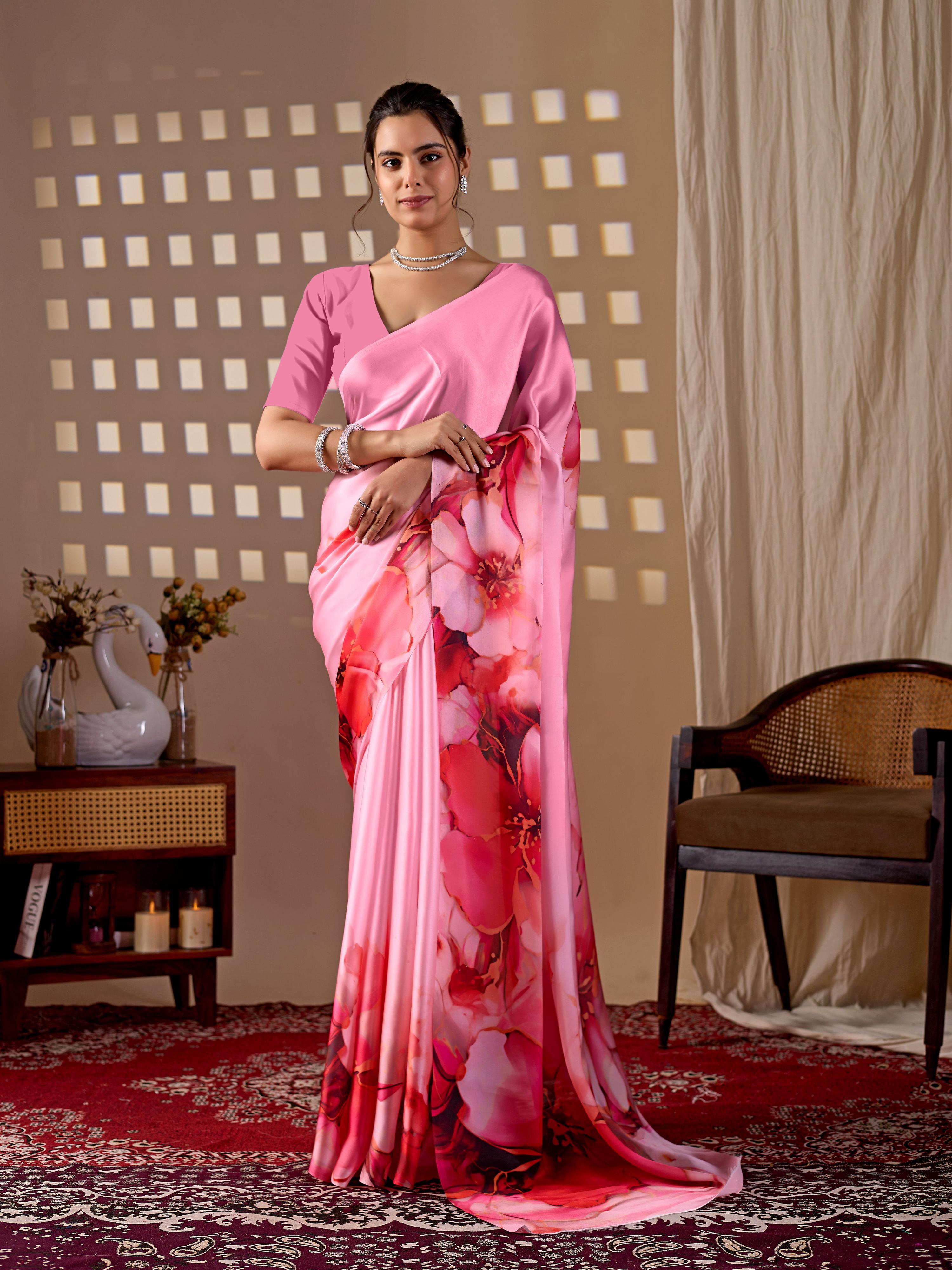 Aastha Fashion Pink Soft Satin Georgette Printed Saree - Distacart