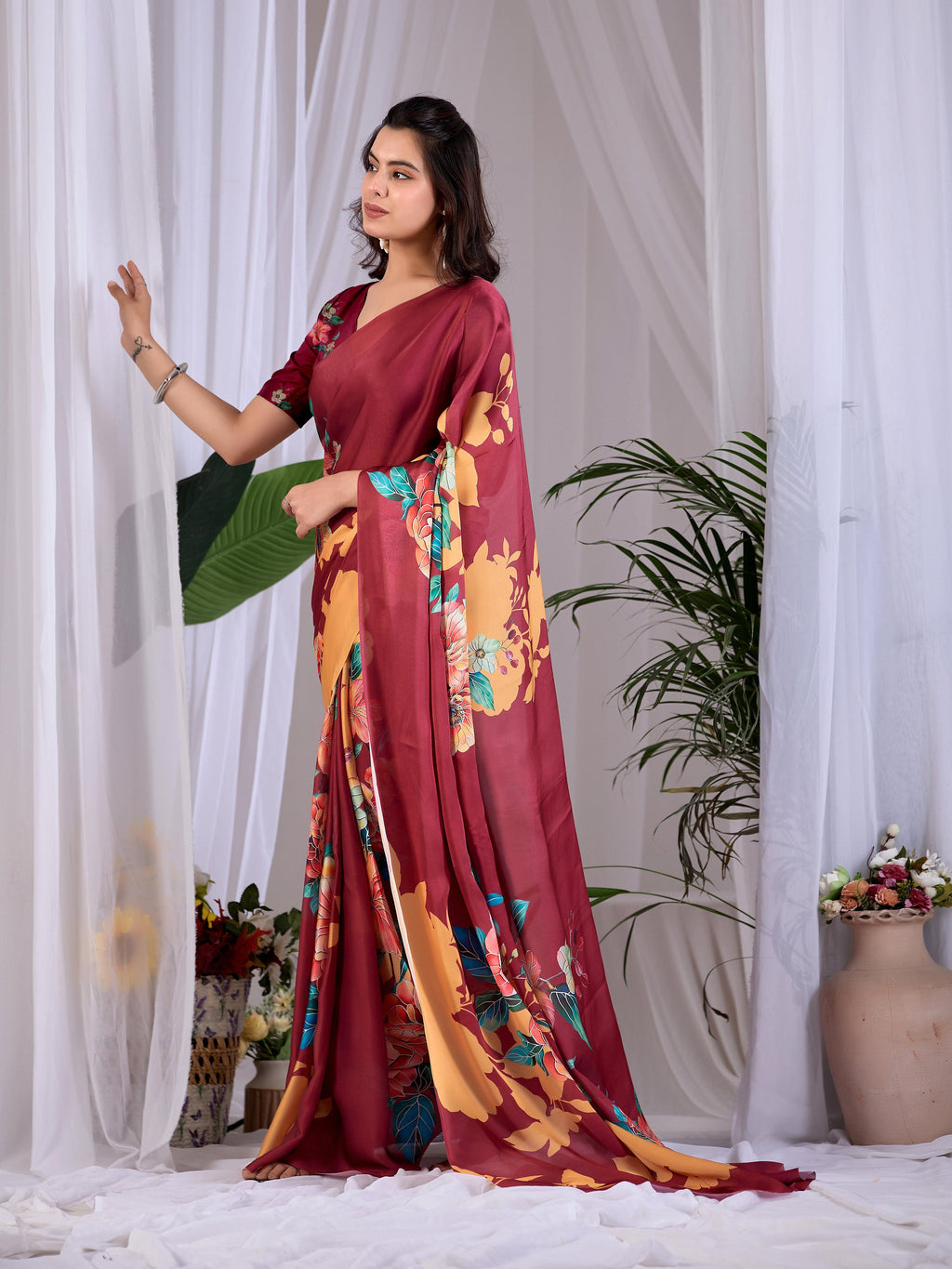 Aastha Fashion Maroon Soft Satin Georgette Printed Saree - Distacart