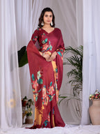 Aastha Fashion Maroon Soft Satin Georgette Printed Saree - Distacart