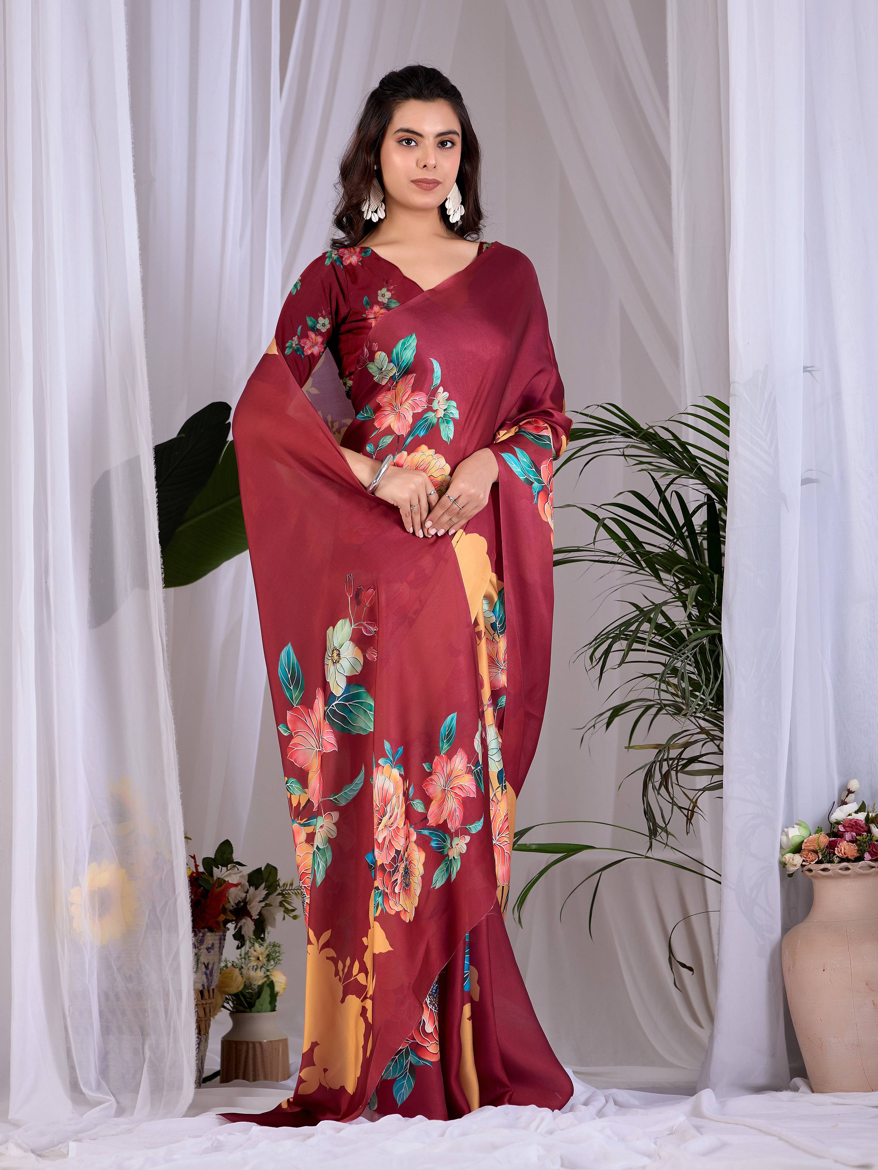 Aastha Fashion Maroon Soft Satin Georgette Printed Saree - Distacart