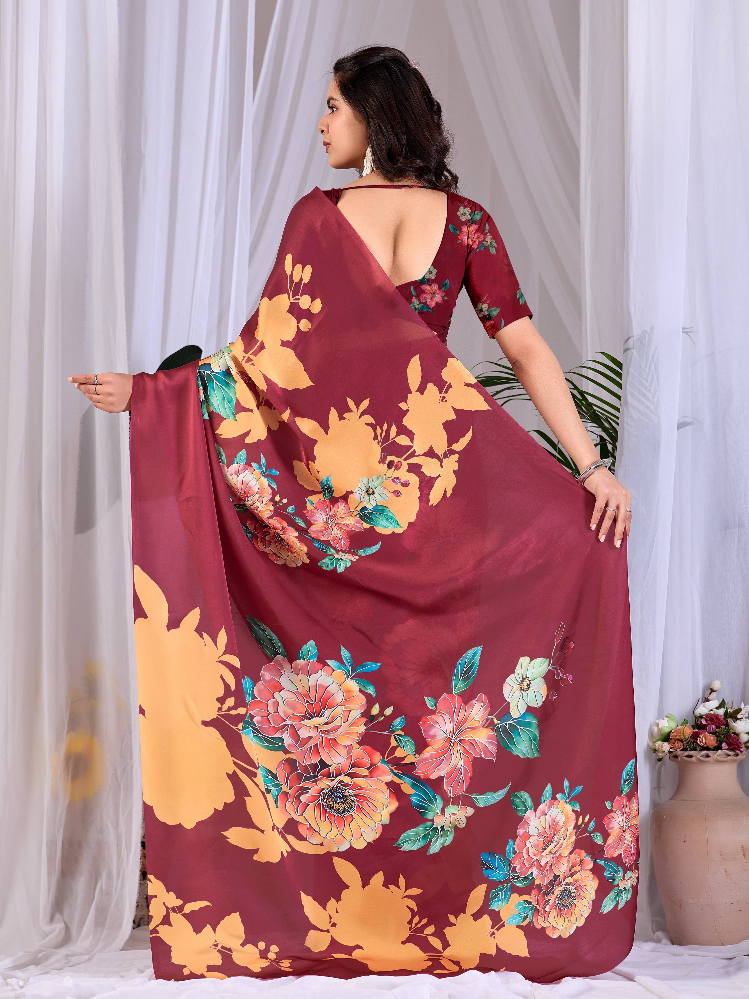 Aastha Fashion Maroon Soft Satin Georgette Printed Saree - Distacart