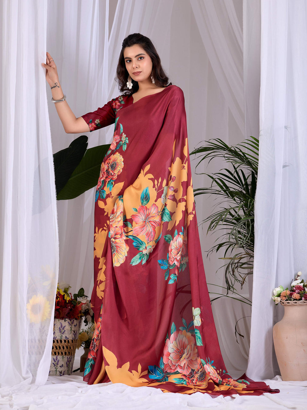 Aastha Fashion Maroon Soft Satin Georgette Printed Saree - Distacart