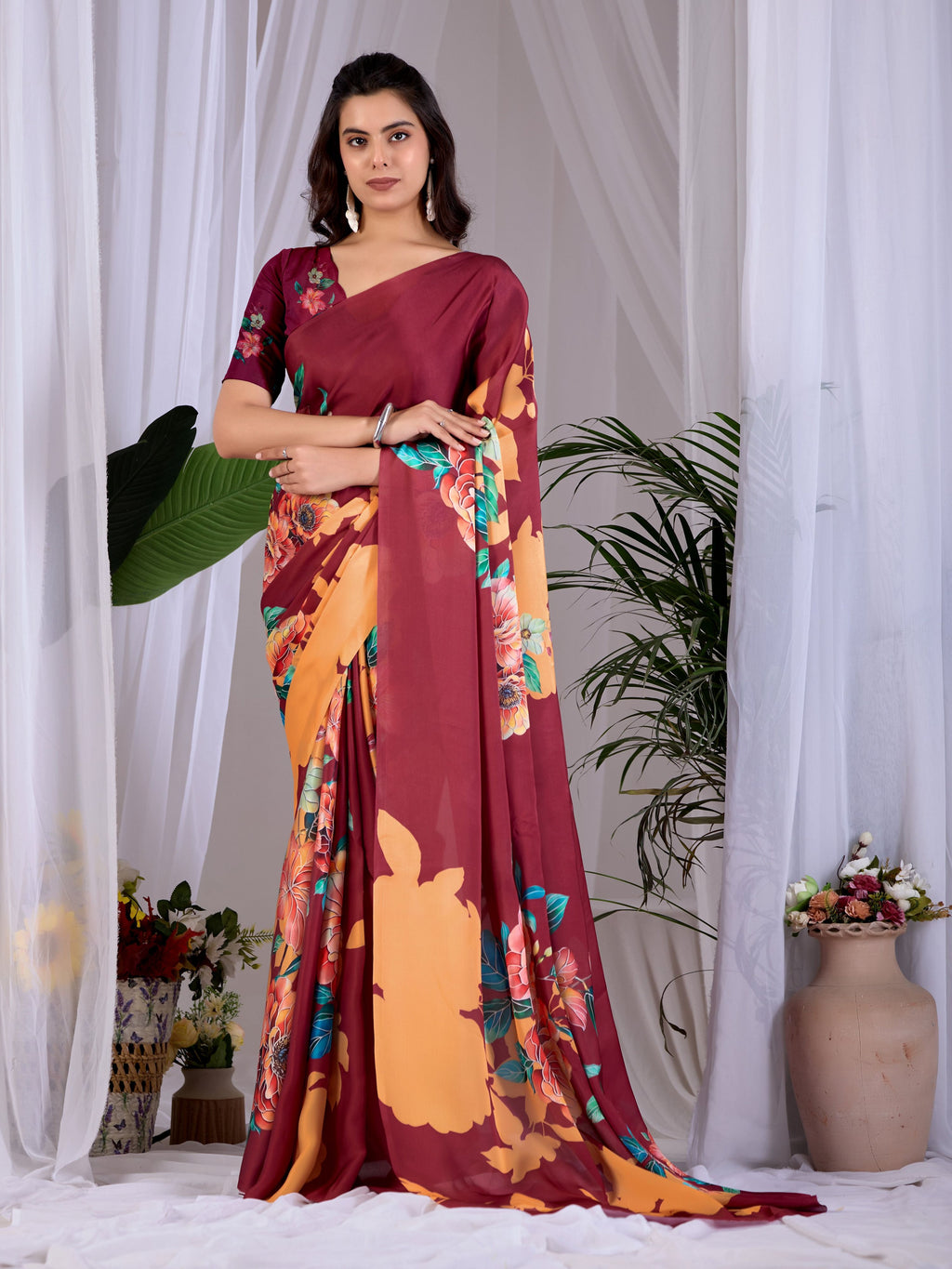 Aastha Fashion Maroon Soft Satin Georgette Printed Saree - Distacart