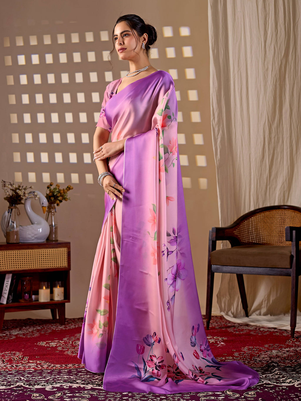 Aastha Fashion Purple Soft Satin Georgette Printed Saree - Distacart